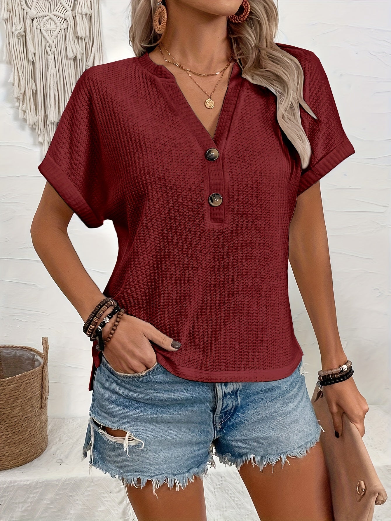 Sophie | Waffle Button V Neck T-shirt